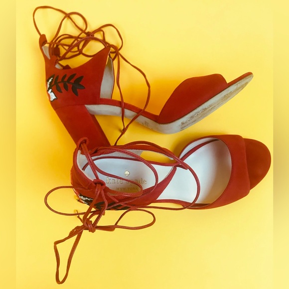 Red Kate Spade Oasis Lace Up Floral Embroidered Suede Heels - Picture 5 of 11